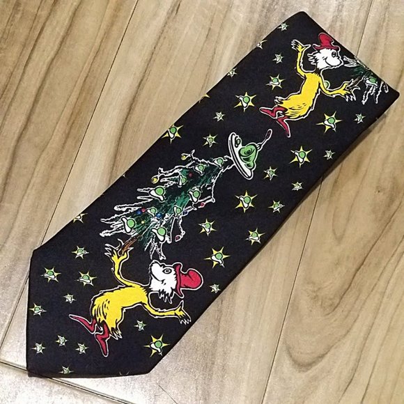 Vintage Dr Suess Sam I Am Green Eggs and Ham Christmas Tree Silk Neck Tie Black - Picture 1 of 10
